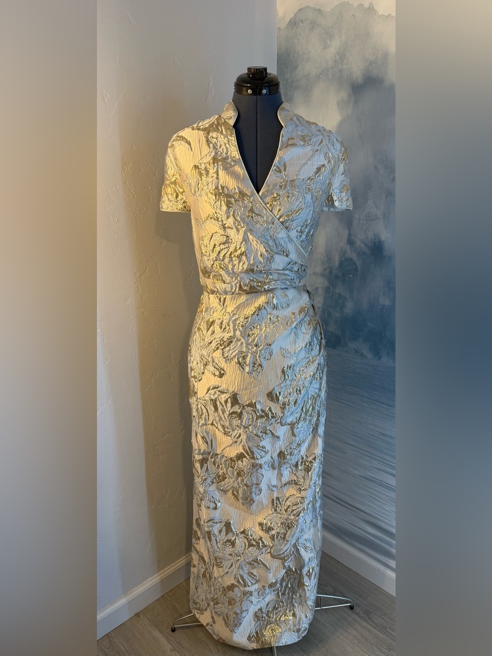 Cream and Gold Brocade Midi Wrap Dress #414